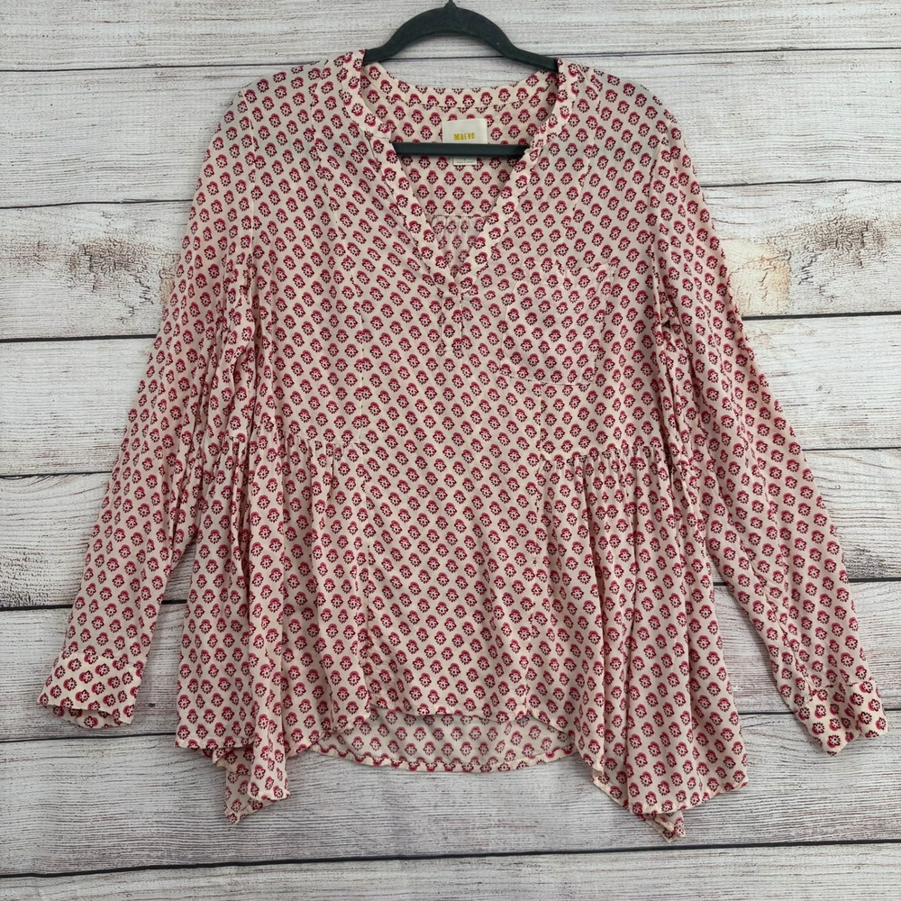 Maeve Blouse Women 6 Cream Red Geometric Floral Peplum V-Neck Long Sleeve